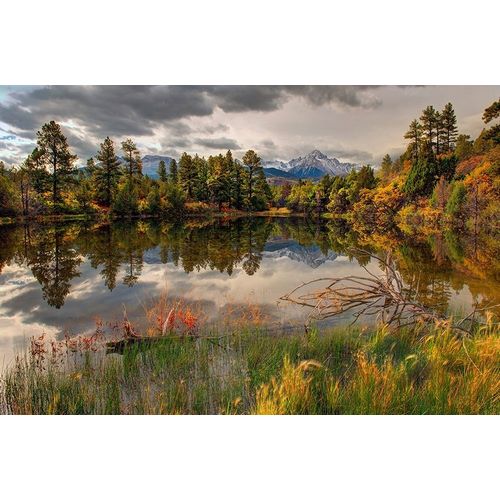 A tranquil pond reflects Mt Snaffles and Fall in the Colorado Rocky Mountains